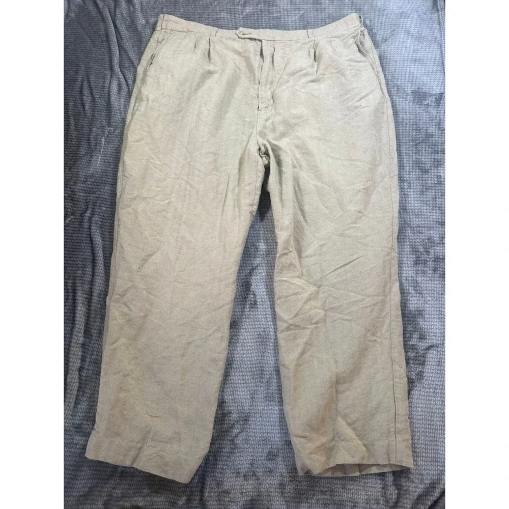Tommy Bahama Mens‎ Pleated Herringbone Trousers Beige Tan Straight Pants 44x27